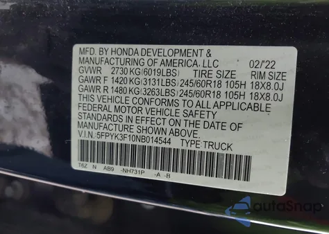 2022 Honda Ridgeline Sport из США, поврежденный, VIN 5FPYK3F10NB014544